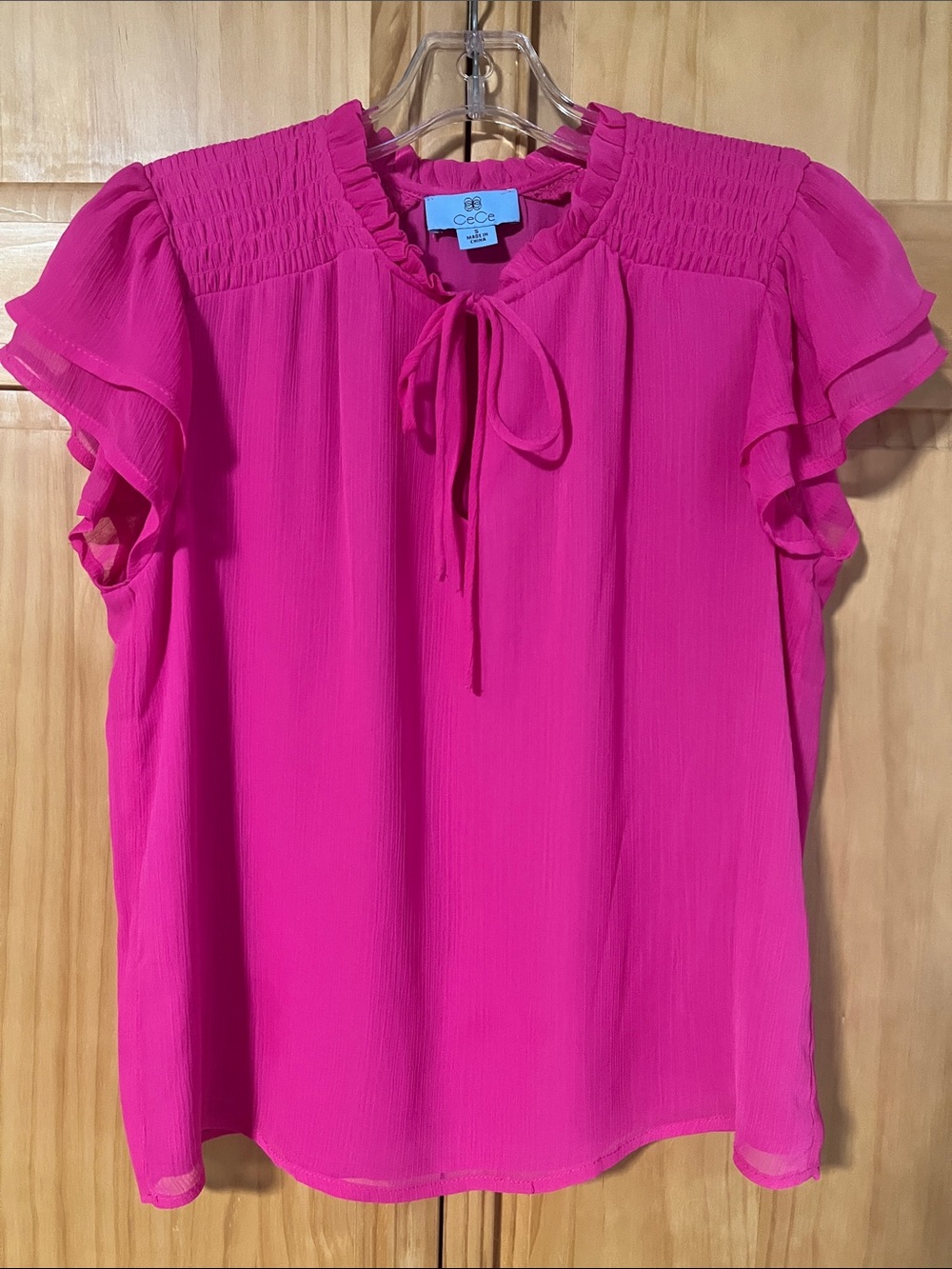 CeCe Bright Fuchsia Ruffled Tie-Neck Blouse - Picture 3 of 5